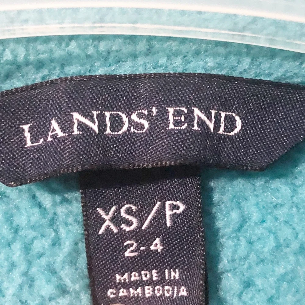 Lands’ End Zippered Front Fleece Vest Mock Turtleneck Side Pockets Blue/Green